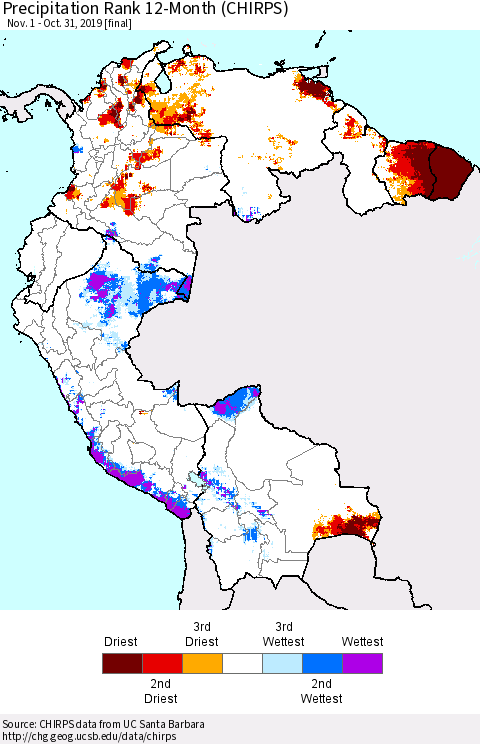 Northern South America Precipitation Rank since 1981, 12-Month (CHIRPS) Thematic Map For 11/1/2018 - 10/31/2019