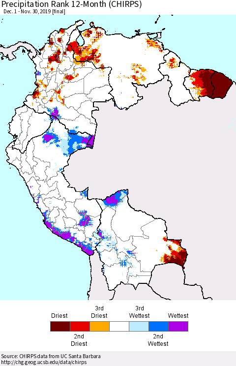 Northern South America Precipitation Rank since 1981, 12-Month (CHIRPS) Thematic Map For 12/1/2018 - 11/30/2019