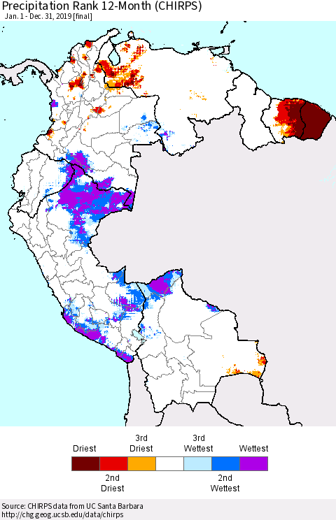 Northern South America Precipitation Rank since 1981, 12-Month (CHIRPS) Thematic Map For 1/1/2019 - 12/31/2019