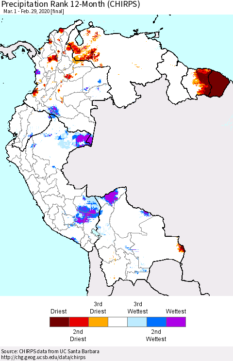 Northern South America Precipitation Rank since 1981, 12-Month (CHIRPS) Thematic Map For 3/1/2019 - 2/29/2020