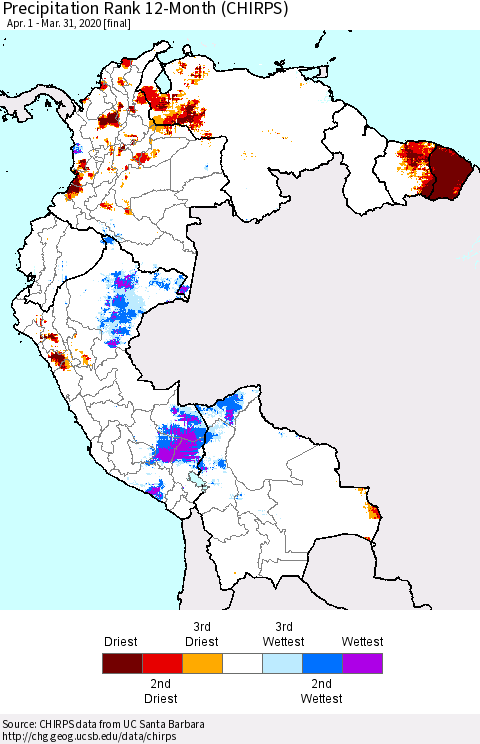 Northern South America Precipitation Rank since 1981, 12-Month (CHIRPS) Thematic Map For 4/1/2019 - 3/31/2020