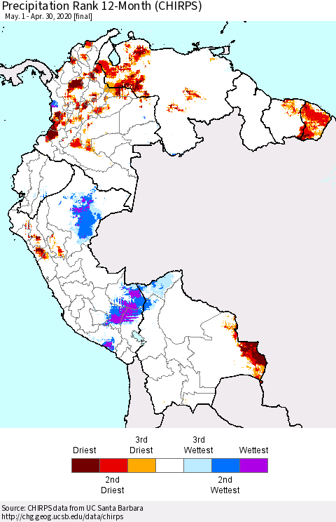 Northern South America Precipitation Rank since 1981, 12-Month (CHIRPS) Thematic Map For 5/1/2019 - 4/30/2020