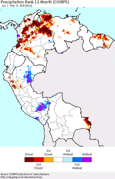 Northern South America Precipitation Rank since 1981, 12-Month (CHIRPS) Thematic Map For 6/1/2019 - 5/31/2020