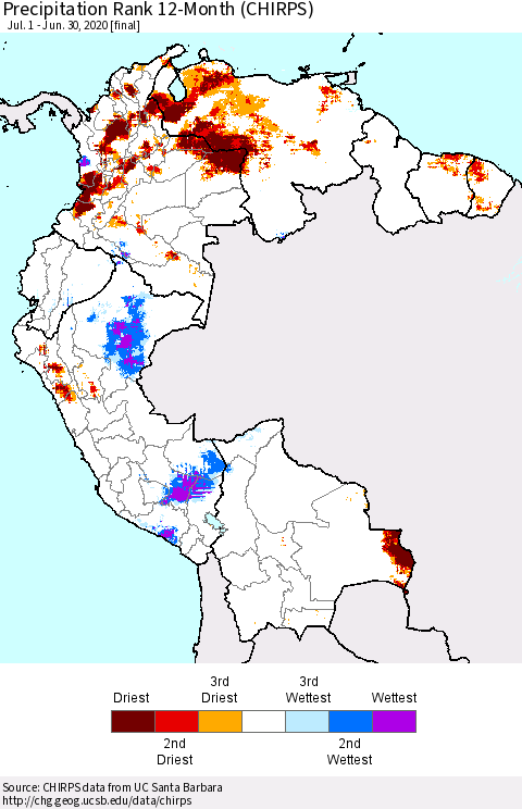 Northern South America Precipitation Rank since 1981, 12-Month (CHIRPS) Thematic Map For 7/1/2019 - 6/30/2020