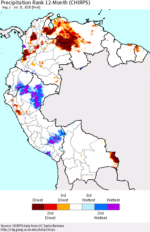 Northern South America Precipitation Rank since 1981, 12-Month (CHIRPS) Thematic Map For 8/1/2019 - 7/31/2020