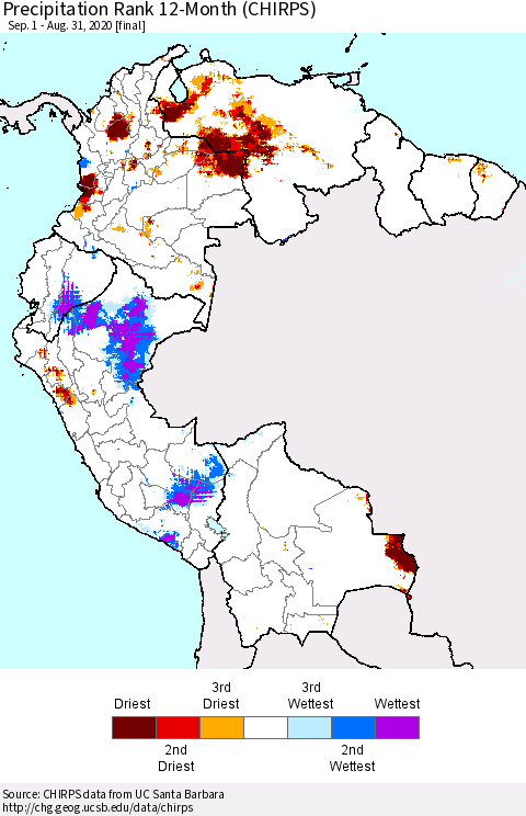 Northern South America Precipitation Rank since 1981, 12-Month (CHIRPS) Thematic Map For 9/1/2019 - 8/31/2020