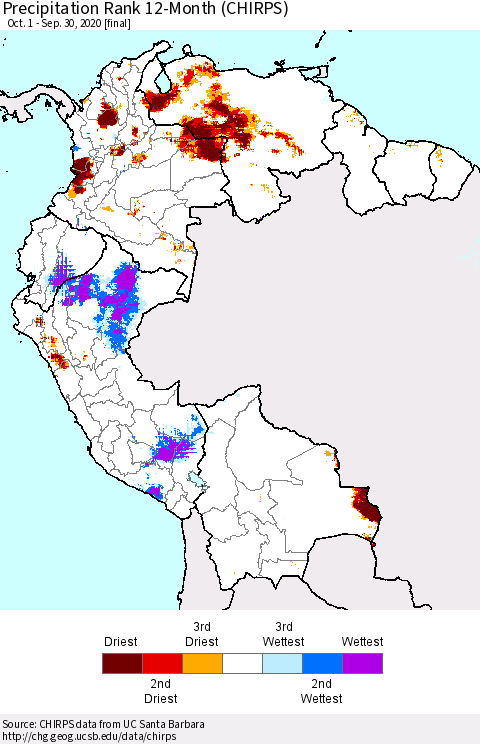 Northern South America Precipitation Rank since 1981, 12-Month (CHIRPS) Thematic Map For 10/1/2019 - 9/30/2020