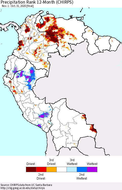 Northern South America Precipitation Rank 12-Month (CHIRPS) Thematic Map For 11/1/2019 - 10/31/2020