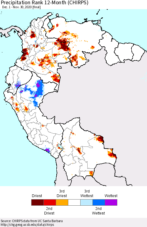 Northern South America Precipitation Rank 12-Month (CHIRPS) Thematic Map For 12/1/2019 - 11/30/2020