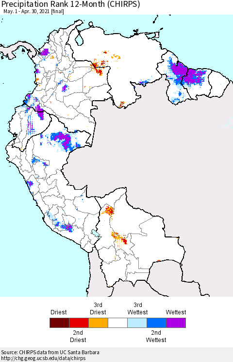 Northern South America Precipitation Rank 12-Month (CHIRPS) Thematic Map For 5/1/2020 - 4/30/2021