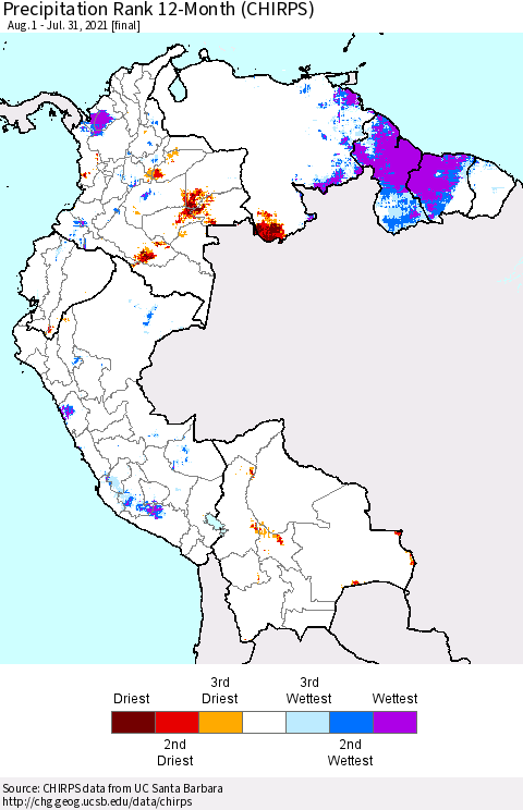 Northern South America Precipitation Rank 12-Month (CHIRPS) Thematic Map For 8/1/2020 - 7/31/2021
