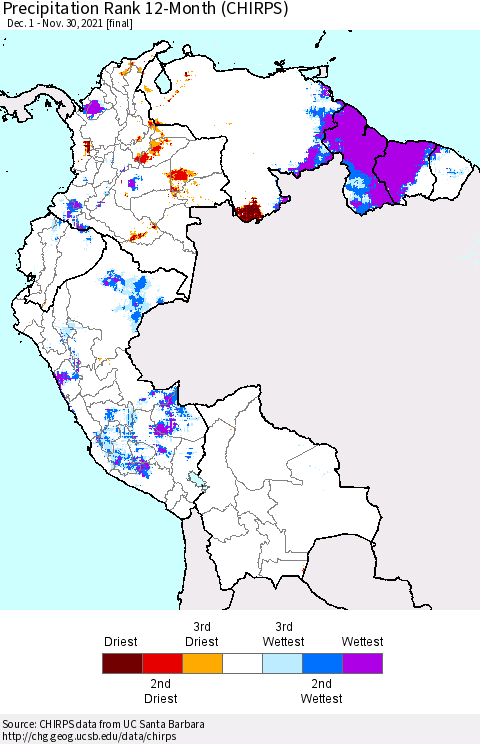 Northern South America Precipitation Rank since 1981, 12-Month (CHIRPS) Thematic Map For 12/1/2020 - 11/30/2021