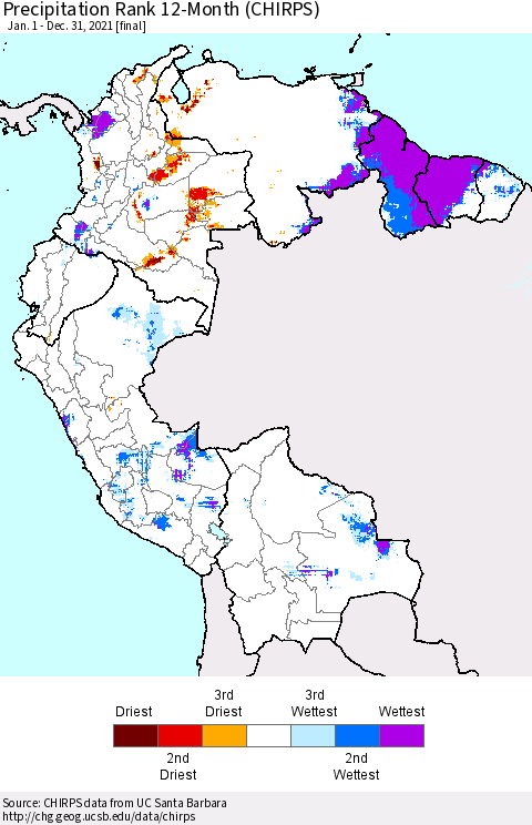 Northern South America Precipitation Rank since 1981, 12-Month (CHIRPS) Thematic Map For 1/1/2021 - 12/31/2021