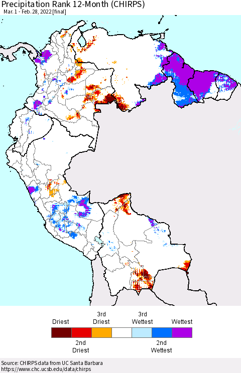 Northern South America Precipitation Rank since 1981, 12-Month (CHIRPS) Thematic Map For 3/1/2021 - 2/28/2022