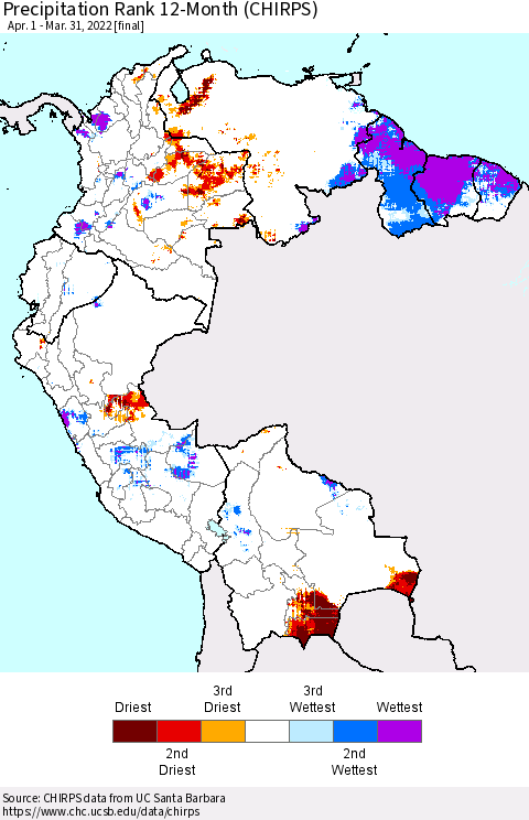 Northern South America Precipitation Rank since 1981, 12-Month (CHIRPS) Thematic Map For 4/1/2021 - 3/31/2022