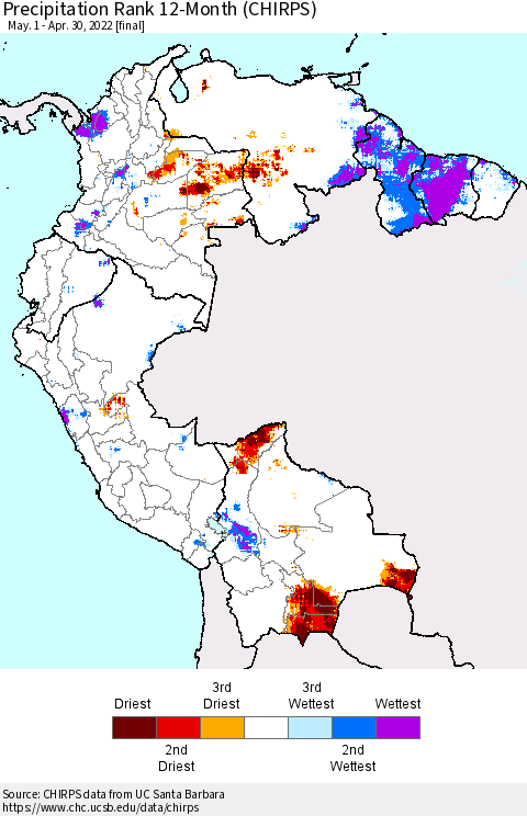 Northern South America Precipitation Rank 12-Month (CHIRPS) Thematic Map For 5/1/2021 - 4/30/2022
