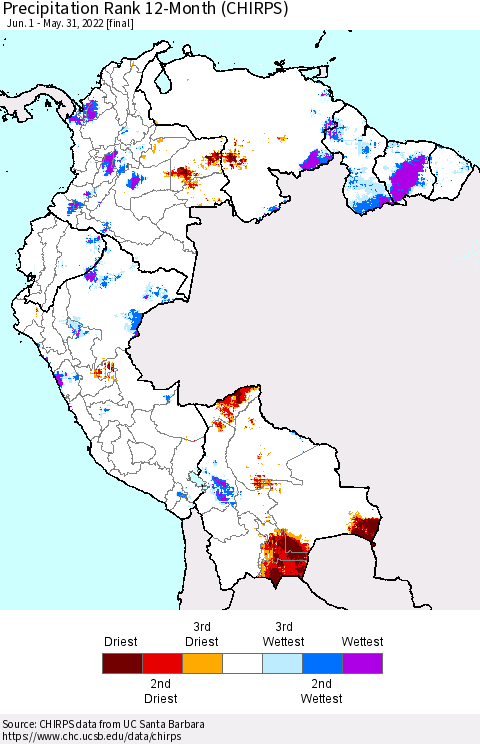 Northern South America Precipitation Rank since 1981, 12-Month (CHIRPS) Thematic Map For 6/1/2021 - 5/31/2022