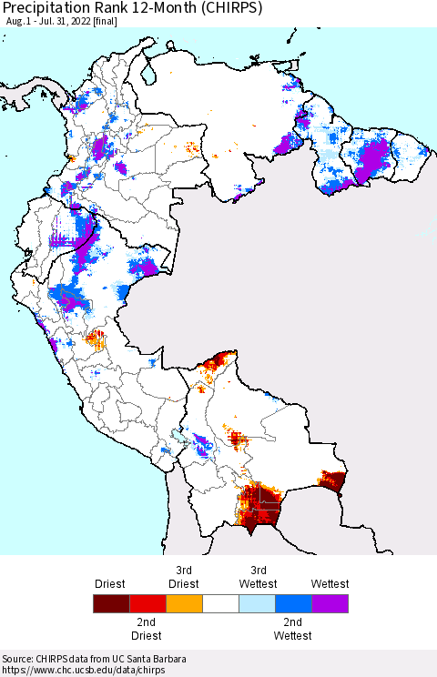 Northern South America Precipitation Rank 12-Month (CHIRPS) Thematic Map For 8/1/2021 - 7/31/2022