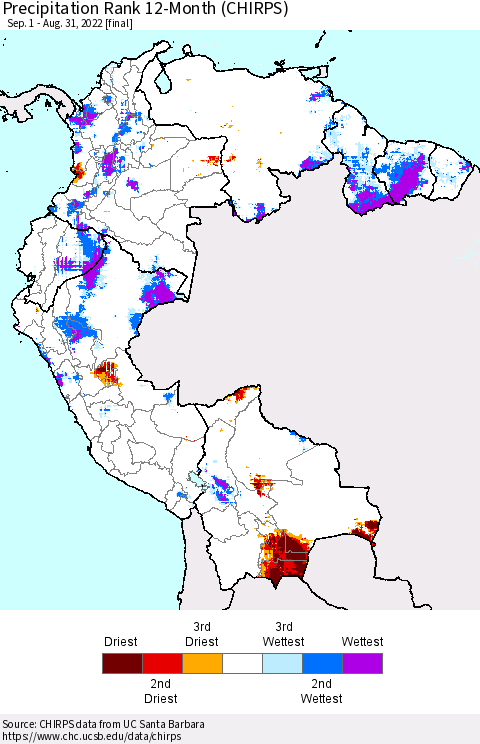 Northern South America Precipitation Rank 12-Month (CHIRPS) Thematic Map For 9/1/2021 - 8/31/2022