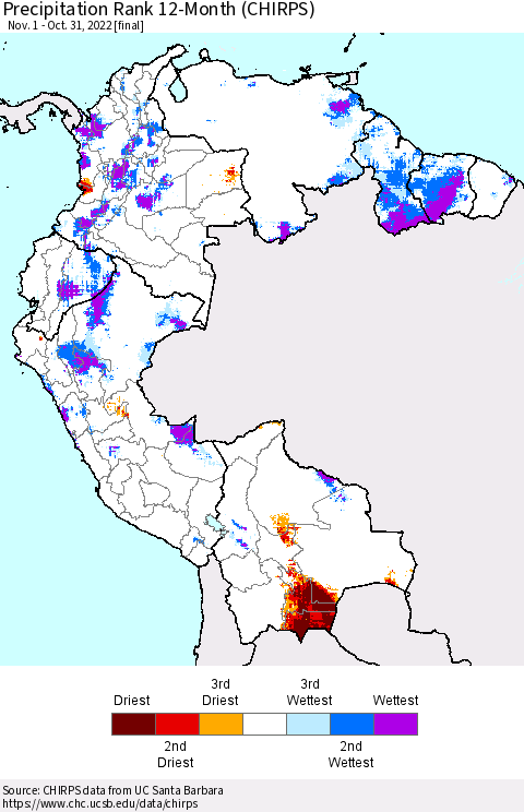 Northern South America Precipitation Rank since 1981, 12-Month (CHIRPS) Thematic Map For 11/1/2021 - 10/31/2022