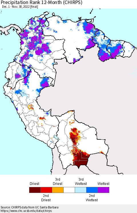 Northern South America Precipitation Rank since 1981, 12-Month (CHIRPS) Thematic Map For 12/1/2021 - 11/30/2022