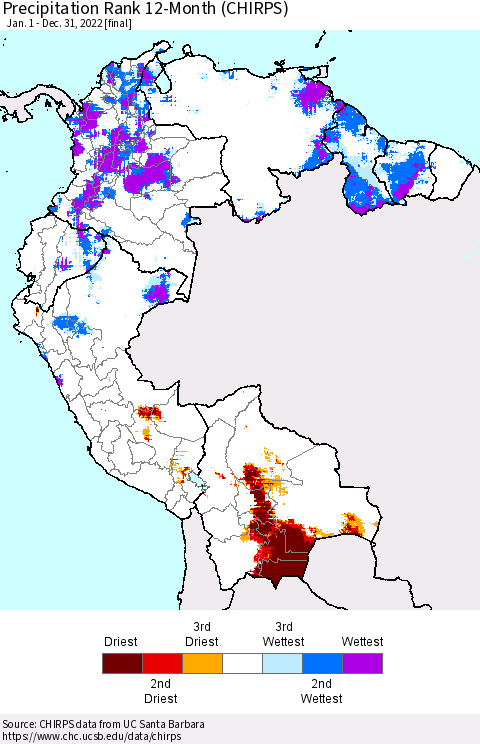Northern South America Precipitation Rank since 1981, 12-Month (CHIRPS) Thematic Map For 1/1/2022 - 12/31/2022