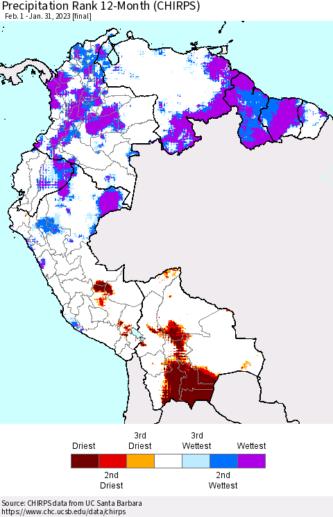 Northern South America Precipitation Rank since 1981, 12-Month (CHIRPS) Thematic Map For 2/1/2022 - 1/31/2023