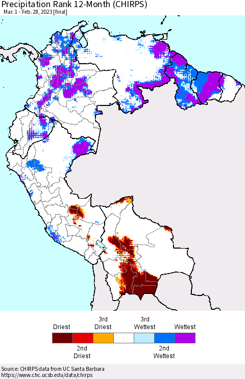 Northern South America Precipitation Rank since 1981, 12-Month (CHIRPS) Thematic Map For 3/1/2022 - 2/28/2023