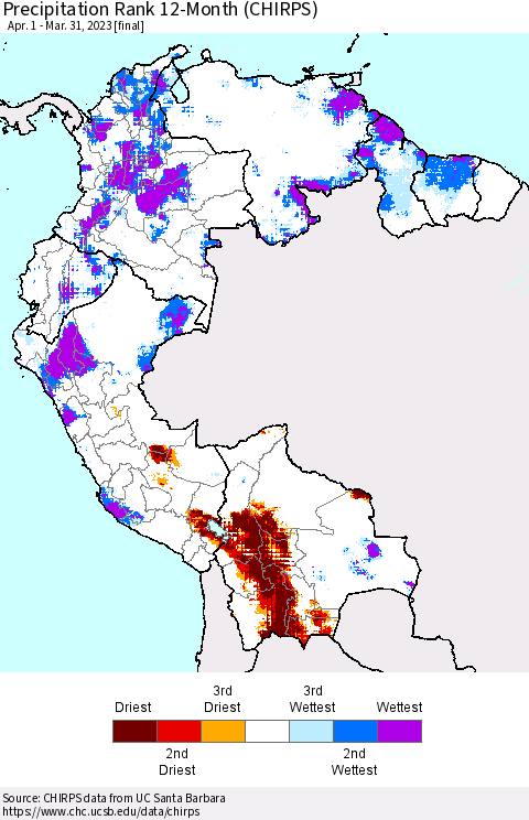Northern South America Precipitation Rank since 1981, 12-Month (CHIRPS) Thematic Map For 4/1/2022 - 3/31/2023