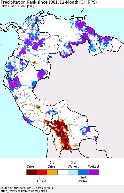 Northern South America Precipitation Rank 12-Month (CHIRPS) Thematic Map For 5/1/2022 - 4/30/2023