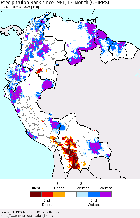 Northern South America Precipitation Rank since 1981, 12-Month (CHIRPS) Thematic Map For 6/1/2022 - 5/31/2023