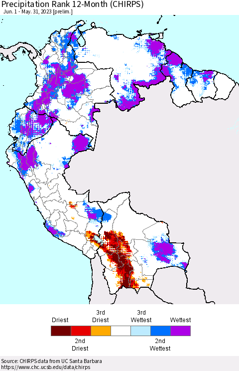Northern South America Precipitation Rank 12-Month (CHIRPS) Thematic Map For 6/1/2022 - 5/31/2023