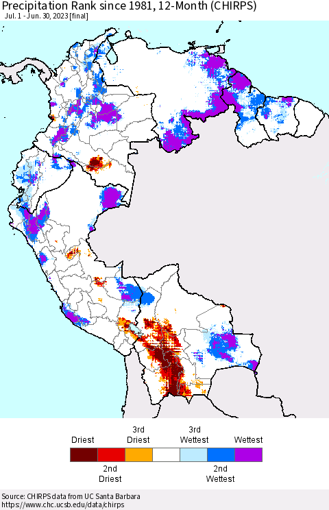 Northern South America Precipitation Rank since 1981, 12-Month (CHIRPS) Thematic Map For 7/1/2022 - 6/30/2023