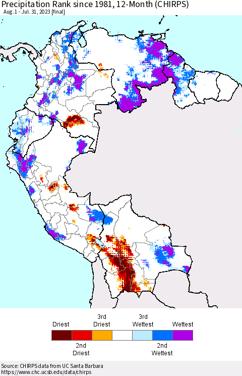 Northern South America Precipitation Rank since 1981, 12-Month (CHIRPS) Thematic Map For 8/1/2022 - 7/31/2023