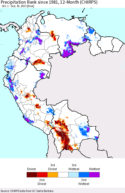 Northern South America Precipitation Rank since 1981, 12-Month (CHIRPS) Thematic Map For 10/1/2022 - 9/30/2023
