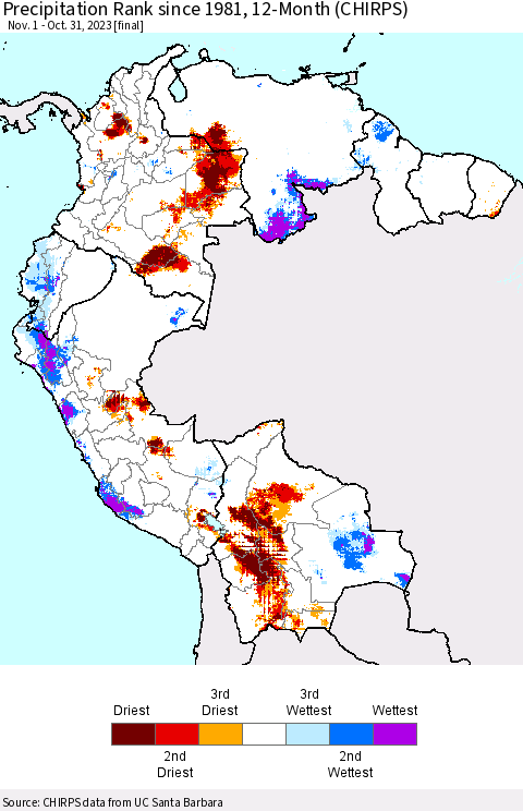 Northern South America Precipitation Rank since 1981, 12-Month (CHIRPS) Thematic Map For 11/1/2022 - 10/31/2023