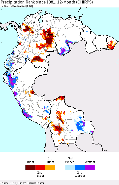 Northern South America Precipitation Rank since 1981, 12-Month (CHIRPS) Thematic Map For 12/1/2022 - 11/30/2023