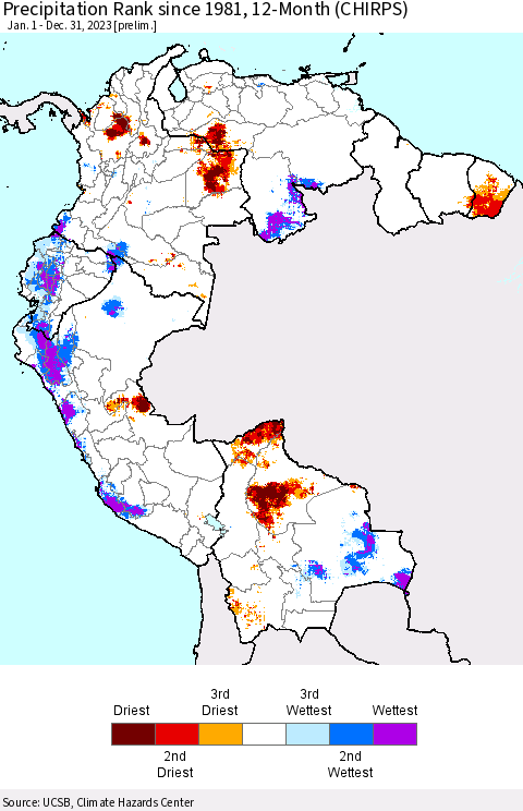 Northern South America Precipitation Rank since 1981, 12-Month (CHIRPS) Thematic Map For 1/1/2023 - 12/31/2023