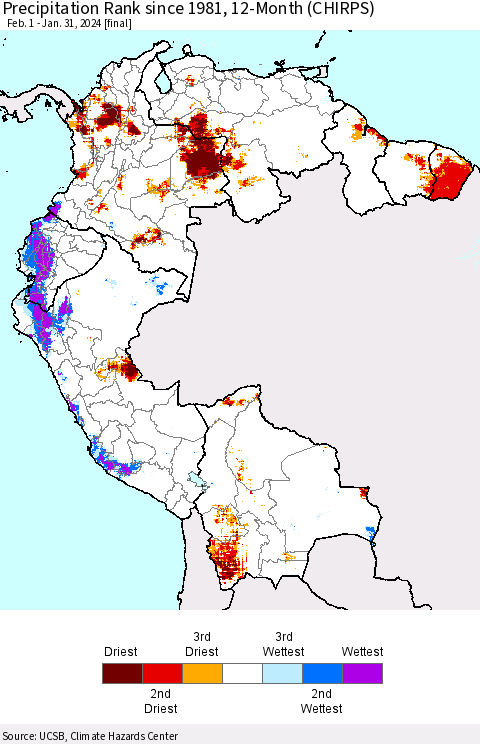 Northern South America Precipitation Rank since 1981, 12-Month (CHIRPS) Thematic Map For 2/1/2023 - 1/31/2024