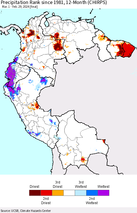 Northern South America Precipitation Rank since 1981, 12-Month (CHIRPS) Thematic Map For 3/1/2023 - 2/29/2024