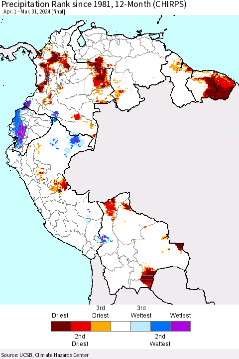 Northern South America Precipitation Rank since 1981, 12-Month (CHIRPS) Thematic Map For 4/1/2023 - 3/31/2024