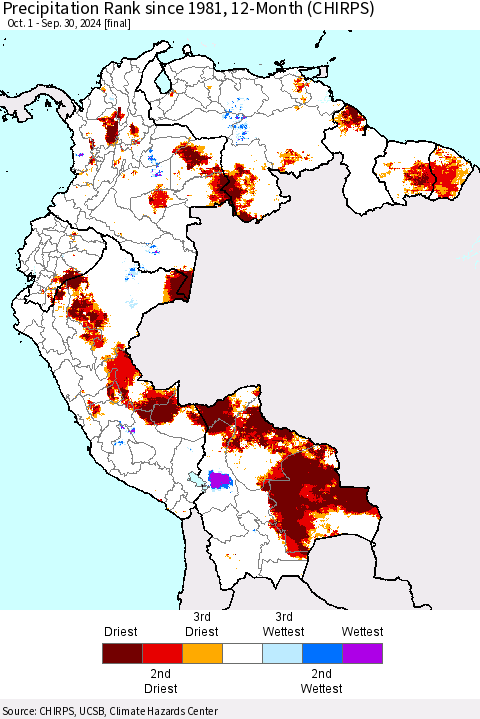 Northern South America Precipitation Rank since 1981, 12-Month (CHIRPS) Thematic Map For 10/1/2023 - 9/30/2024