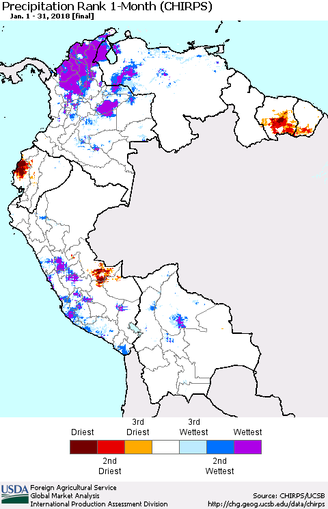 Northern South America Precipitation Rank since 1981, 1-Month (CHIRPS) Thematic Map For 1/1/2018 - 1/31/2018