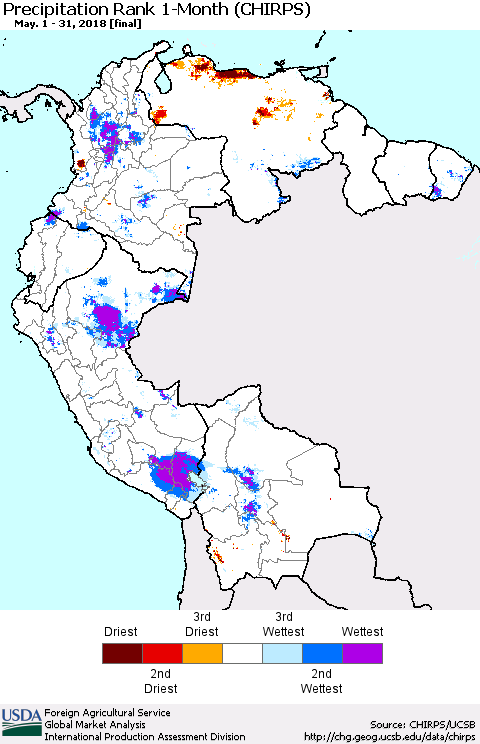 Northern South America Precipitation Rank since 1981, 1-Month (CHIRPS) Thematic Map For 5/1/2018 - 5/31/2018