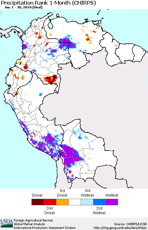 Northern South America Precipitation Rank since 1981, 1-Month (CHIRPS) Thematic Map For 6/1/2018 - 6/30/2018