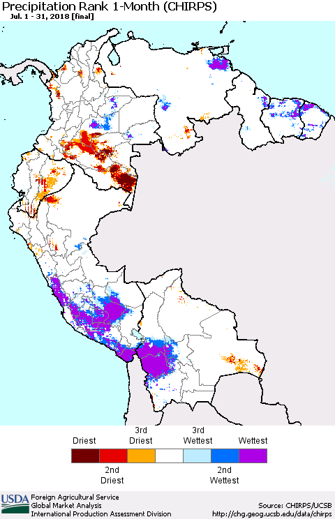Northern South America Precipitation Rank since 1981, 1-Month (CHIRPS) Thematic Map For 7/1/2018 - 7/31/2018