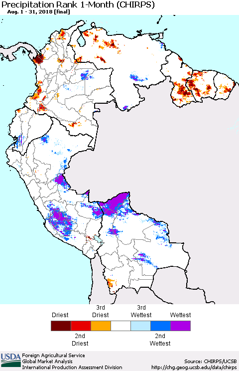 Northern South America Precipitation Rank since 1981, 1-Month (CHIRPS) Thematic Map For 8/1/2018 - 8/31/2018