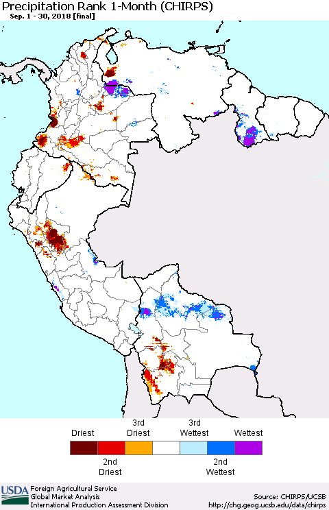 Northern South America Precipitation Rank since 1981, 1-Month (CHIRPS) Thematic Map For 9/1/2018 - 9/30/2018