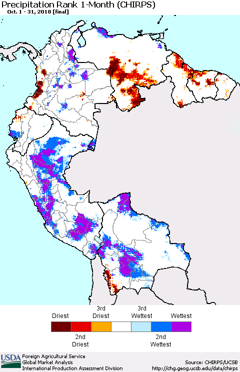 Northern South America Precipitation Rank since 1981, 1-Month (CHIRPS) Thematic Map For 10/1/2018 - 10/31/2018