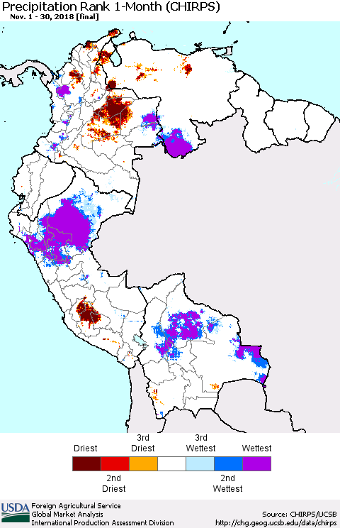 Northern South America Precipitation Rank since 1981, 1-Month (CHIRPS) Thematic Map For 11/1/2018 - 11/30/2018